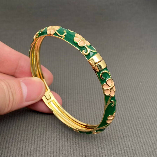 Chinoiserie Enamel Flower 18K Gold Plated Bangle