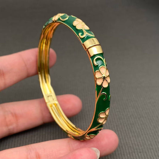 Chinoiserie Enamel Flower 18K Gold Plated Bangle